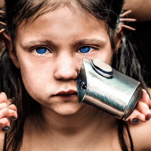 Image similar to a little blue-skinned girl with messy black hair sharp pointed ears freckles along the ridges of her cheeks drinking from a leather flask, dnd triton, high resolution film still, 4k, HDR colors