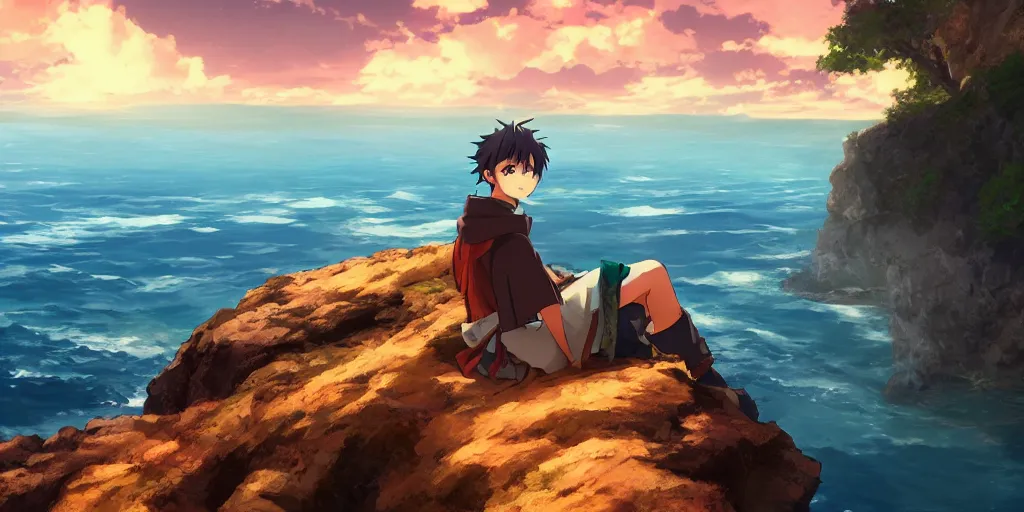 Prompt: isekai masterpiece anime boy sitting on a rock off to the side looking down upon ocean, during dawn, cinematic, very warm colors, intense shadows, anime illustration, anime screenshot composite background