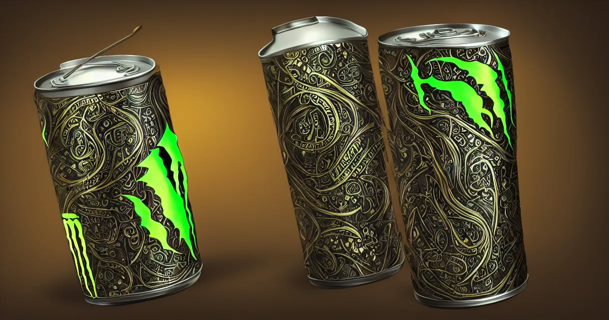 Image similar to aluminian can of monster energy drink, intricate and very very beautiful and elegant, highly detailed, digital painting, artstation, concept art, smooth and sharp focus, illustration