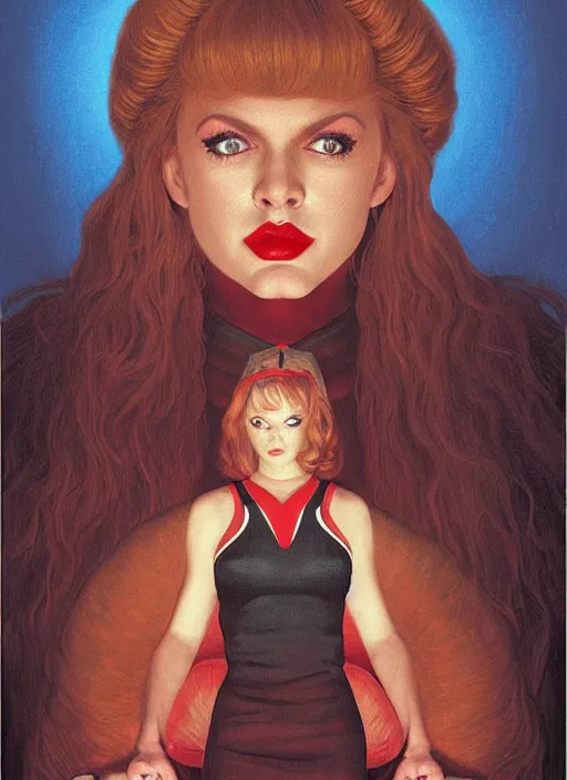 Prompt: twin peaks poster art, portrait of talyor swift cheerleader in sacrifice ritual at the black lodge, by michael whelan, rossetti bouguereau, artgerm, retro, nostalgic, old fashioned