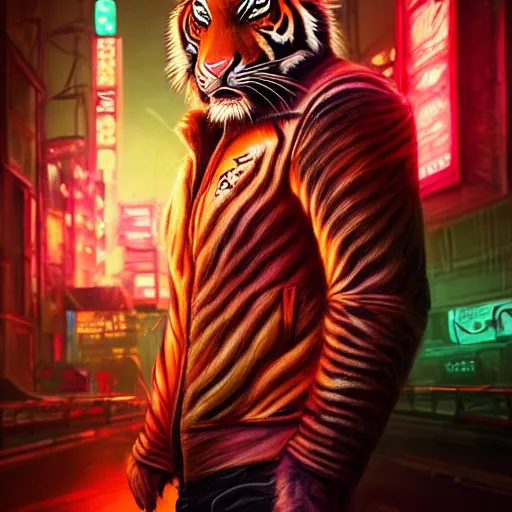 Image similar to a beautfiul award winning commission portrait of an anthro tiger in the neon cyberpunk city at night,wearing a leather jacket,glow effect,detailed face,photorealistic,character design by charles bowater,ross tran,deviantart,artstation,digital art,hyperdetailed,realistic,western comic style,vfx,dramatic,2021
