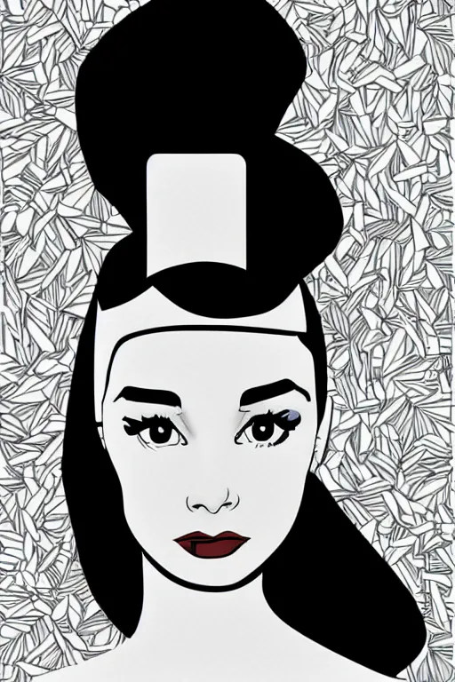 Prompt: digital illustration of Audrey Hepburn by Patrick Nagel artist in black and white