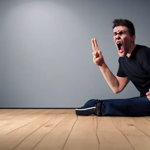 Prompt: incredible cinematic image of young angry man making a tantrum in the floor, studio shot, dynamic lighting, high definition, highly detailed, photo-realistic, unreal engine render, 16k