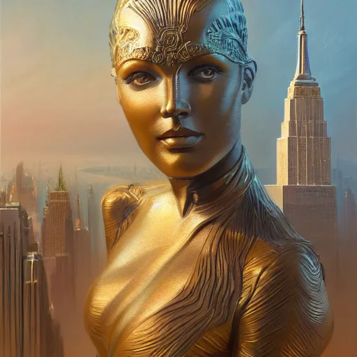 Image similar to a bronze statue stands as the centerpiece of futuristic art deco new york city, fantasy, intricate, elegant, digital painting, trending on artstation, concept art, sharp focus, illustration by greg rutkowski, Gaston Bussiere and artgerm, 4k.