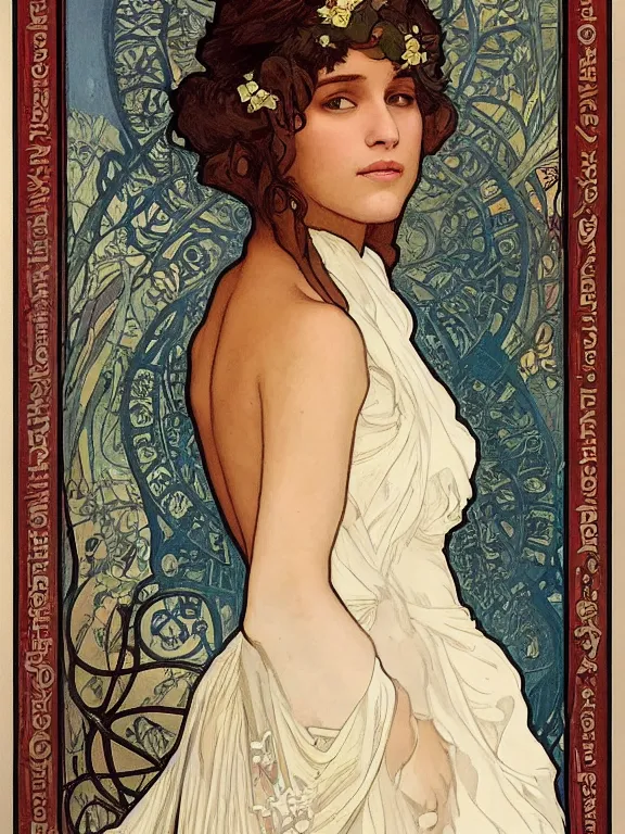 Prompt: an art nouveau mucha poster style head and shoulders portrait oil painting of a pretty young alicia jessica vikander alba wearing a white victorian bridal gown, intricate, detailed, smooth, complex, elaborate, by alphonse mucha and james gurney and john william waterhouse and bouguereau