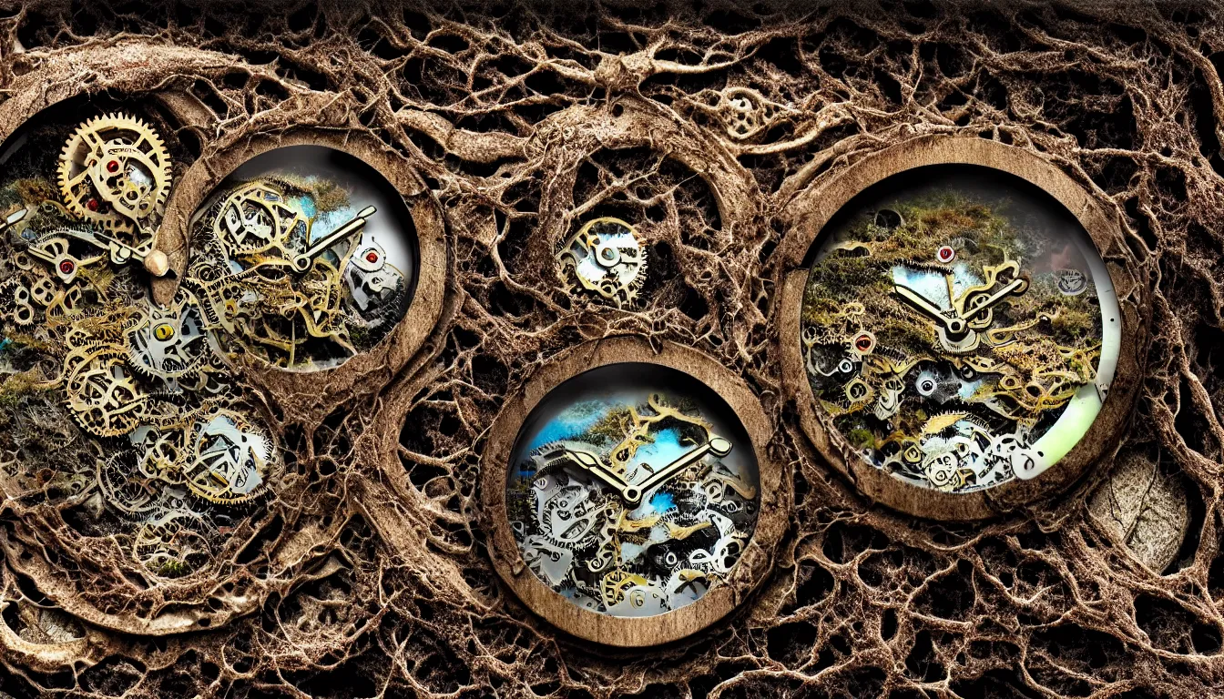 Prompt: detailed view from inside wet ink a clockwork watch landscape, entangled roots covered in mushrooms, cracked earth, living spore microorganisms, decaying, rusty, hyper realistic photo, full colour, upscale, 8 k