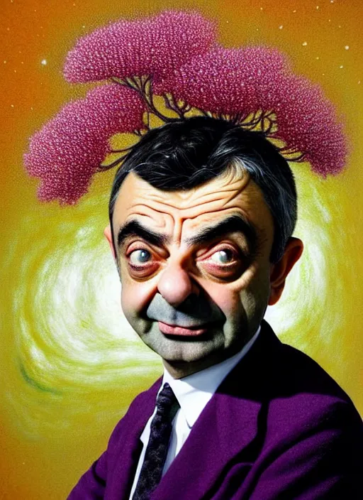 Prompt: hyper detailed 3d render like a Oil painting - silly portrait of Rowan Atkinson as Mr. Bean in Aurora seen Eating of the Strangling network of yellowcake aerochrome and milky Fruit and Her delicate Hands hold of gossamer polyp blossoms bring iridescent fungal flowers whose spores black the foolish stars by Jacek Yerka, Mariusz Lewandowski, Houdini algorithmic generative render, Abstract brush strokes, Masterpiece, Edward Hopper and James Gilleard, Zdzislaw Beksinski, Nicoletta Ceccoli, Wolfgang Lettl, hints of Yayoi Kasuma, octane render, 8k