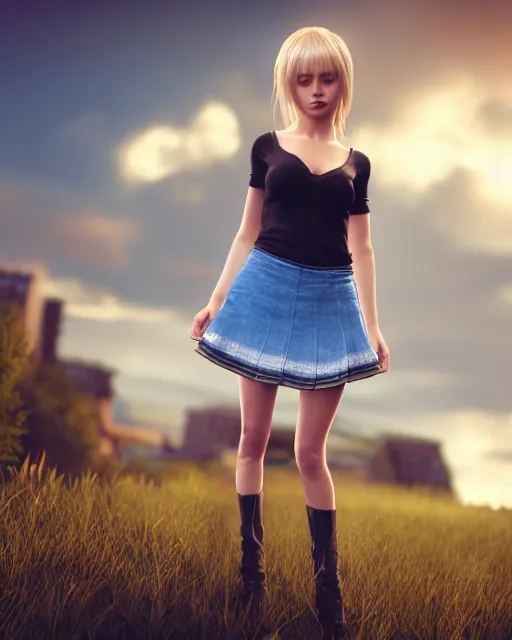 Image similar to highly detailed photography, photorealistic, young girl, blonde hair, blue eyes, in short mini skirt, full body shot, hyperdetailed, airbrushed, unreal engine, global illumination, ultra detailed