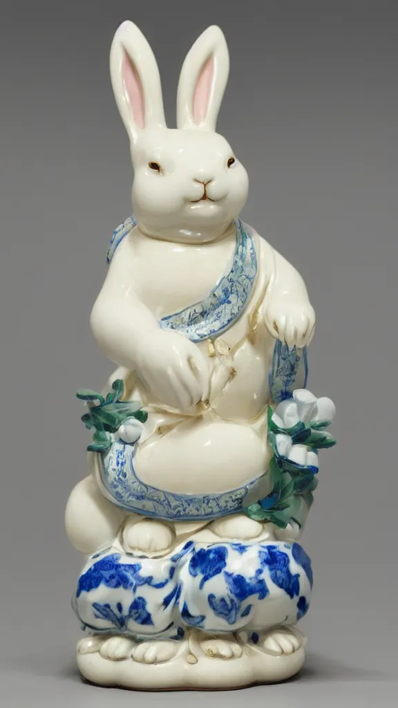 Image similar to porcelain rabbit head budda statue with blue arabesque details painted by john singer sargent