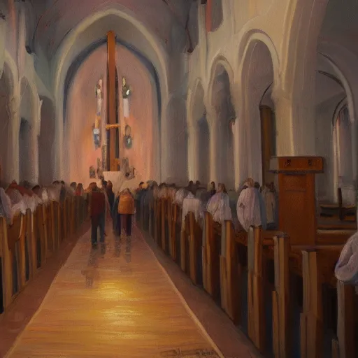 Prompt: a cult inside a church praying, oil painting, pale colors, high detail, 8 k, wide angle, trending on artstation,