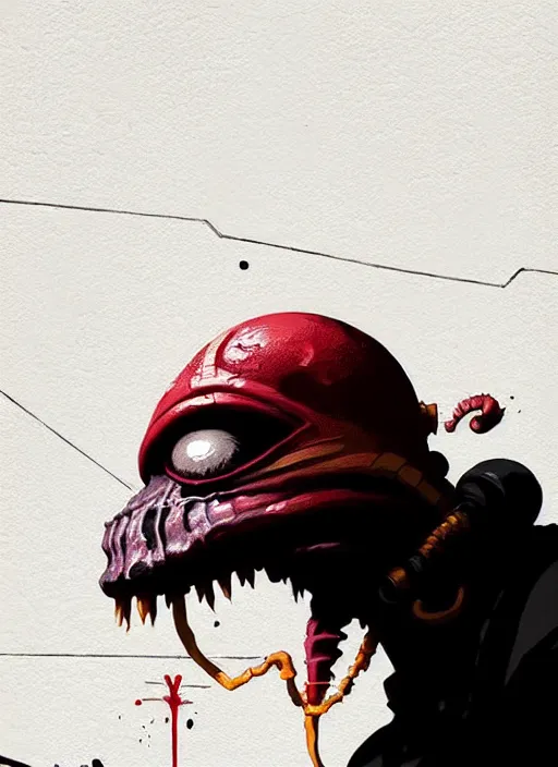Image similar to highly detailed closeup of a character, from abe's oddworld, oddworld soulstorm video game by atey ghailan, by greg rutkowski, by greg tocchini, by james gilleard, by joe fenton, by kaethe butcher, gradient yellow, black, brown, red and white color scheme, grunge aesthetic!!! white graffiti tag wall background