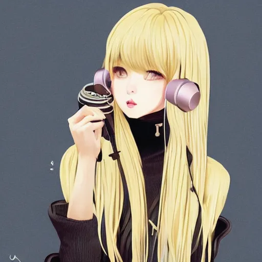 Image similar to realistic beautiful gorgeous natural cute Blackpink Lalisa Manoban blonde hair cute fur blonde cat ears wearing headphones wearing black leather choker in sweaters outfit golden eyes artwork drawn full HD 4K highest quality in artstyle by professional artists WLOP, Taejune Kim, Guweiz, ArtGerm on Artstation Pixiv