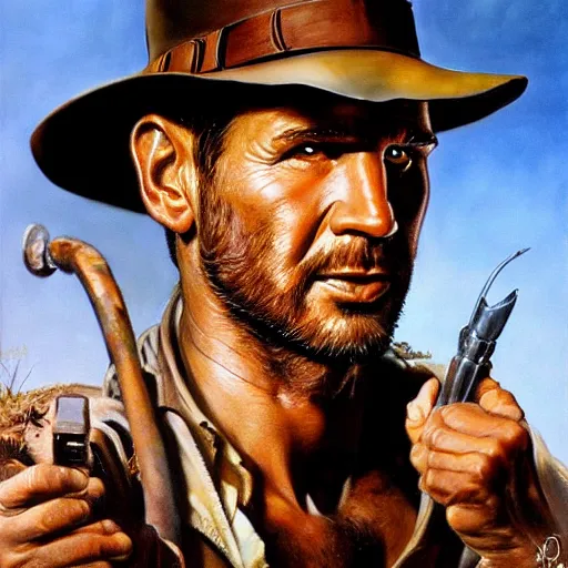 Prompt: ultra realistic portrait painting of indiana jones, art by frank frazetta, 4 k, ultra realistic, highly detailed, epic lighting