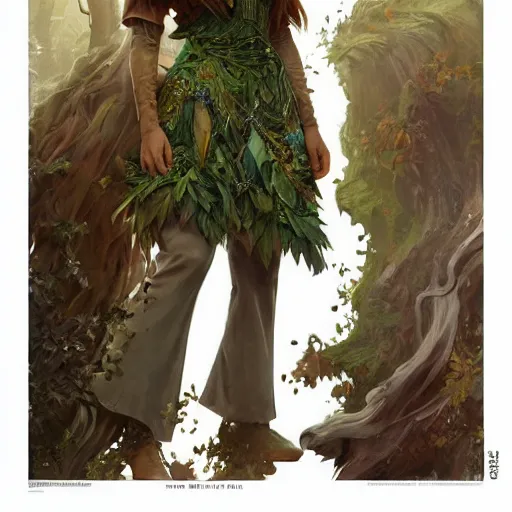 Image similar to a painting of woman tree druid with leaf themed clothing, fully clothed, D&D, fantasy, intricate, cinematic lighting, highly detailed, digital painting, artstation, concept art, smooth, sharp focus, full body, illustration, art by Artgerm and Greg Rutkowski and Alphonse Mucha