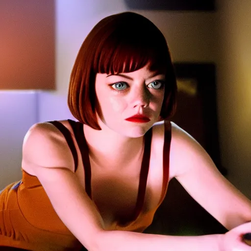 Image similar to film still of emma stone in pulp fiction movie 4 k, cinematic lighting, studio quality.