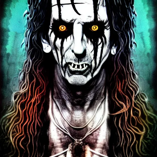 Image similar to graphic illustration, creative design, alice cooper as rob zombie, biopunk, francis bacon, highly detailed, hunter s thompson, concept art