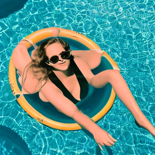 Prompt: Beautiful photogenic retro woman with sunglasses floating on a circular raft in a pool, vintage polaroid photo, medium shot, depth of field, hyperrealistic, 1960s