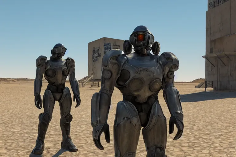 Prompt: a brotherhood of steel fighter in power armor in the desert near a closed hangar, small ripples in the air from the heat, glare from the sun on metal surfaces, realistic proportions, unreal engine style