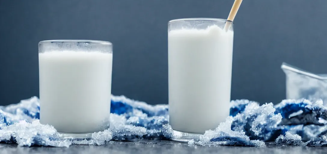 Prompt: blue milk in a frosty glass sitting on the counter of a modern kitchen