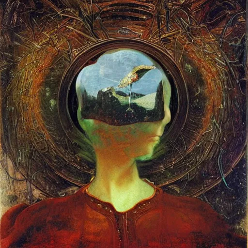 Image similar to an oil painting by botticelli, by arcimboldo, by yoshitaka amano, by beksinski seen through a kaleidoscope, detailed, high resolution