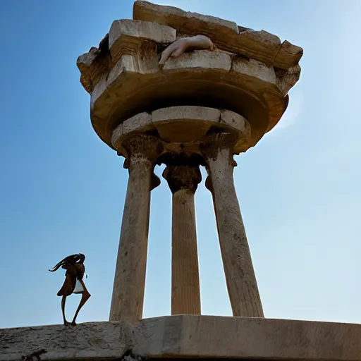 Image similar to tiny greek goddess in steel helmet standing on a giant greek bearded male head, greek temple of olympus glory island, late afternoon light, wispy clouds in a blue sky, by frank lloyd wright and greg rutkowski and ruan jia