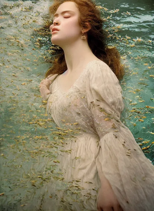 Prompt: Kodak Portra 400, 8K, soft light, volumetric lighting, highly detailed, britt marling style 3/4, Close-up portrait photography of a beautiful woman how pre-Raphaelites a woman with her eyes closed is surrounded by water face is surrounded by fish, she has a beautiful lace dress and hair are intricate with highly detailed realistic beautiful flowers , Realistic, Refined, Highly Detailed, natural outdoor soft pastel lighting colors scheme, outdoor fine art photography, Hyper realistic, photo realistic