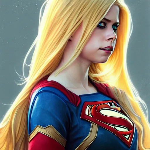 Image similar to beautiful Avril Lavigne as Super Girl, western, closeup, D&D, fantasy, intricate, elegant, highly detailed, digital painting, artstation, concept art, matte, sharp focus, illustration, art by Artgerm and Greg Rutkowski and Alphonse Mucha