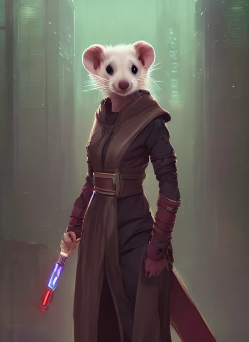 Image similar to commission of a beautiful portrait of a female anthro ferret fursona wearing jedi robes in a forested cyberpunk city. character design by charlie bowater, ross tran, artgerm, and makoto shinkai, detailed, soft lighting, rendered in octane