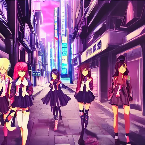 Prompt: clockpunk kawai anime girl walk in cyberpunk street