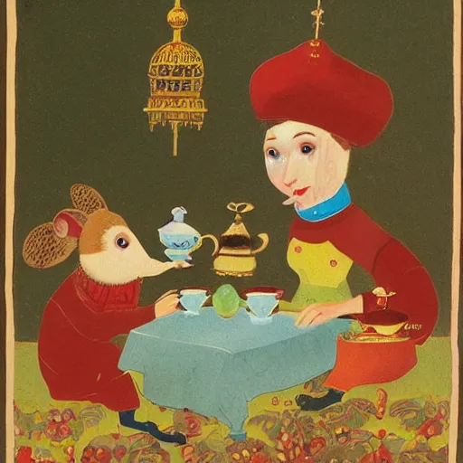 Prompt: russian mouse drinks tea from samovar with her little children, children book illustration, 9 k