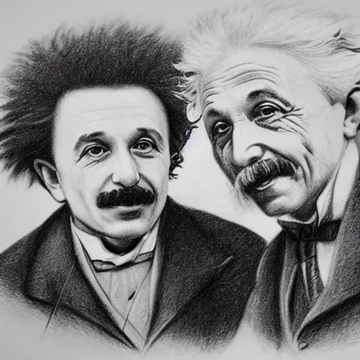 Prompt: Einstein and Tesla sitting at cafe, pencil drawing, ultra detailed