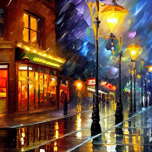 Prompt: a painting of a street corner in the Haight neighborhood with a coffee shop covered in christmas lights, by Tyler Edlin and leonid afremov, behance contest winner, american scene painting, concept art, streetscape, rainy, cozy