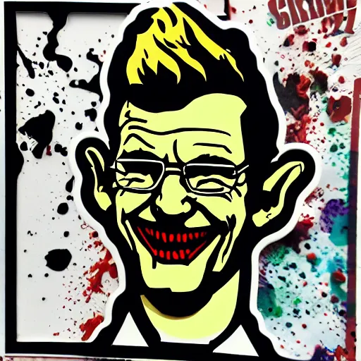 Image similar to die cut sticker, walter white laughing like the joker, splatter paint