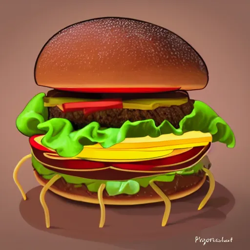 Image similar to a hamburger with spider legs. photorealism.