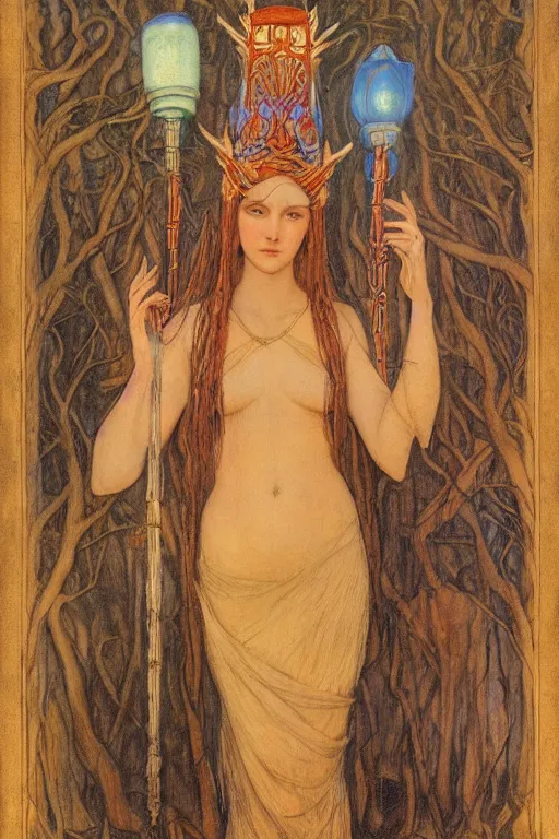 Image similar to queen of the forest with her lantern, by Annie Swynnerton and Nicholas Roerich and jean delville, dramatic cinematic lighting , ornate headdress , flowing robes, lost civilizations, extremely detailed