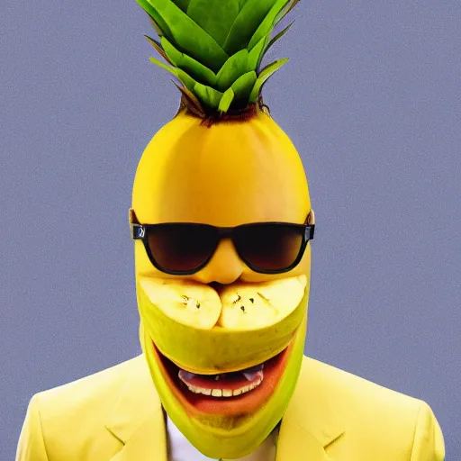 Image similar to banana head, a man wearing a suit banana head