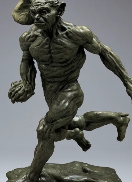 Image similar to a full figure marble sculpture of a running goblin, rough texture by Rodin and Frazetta