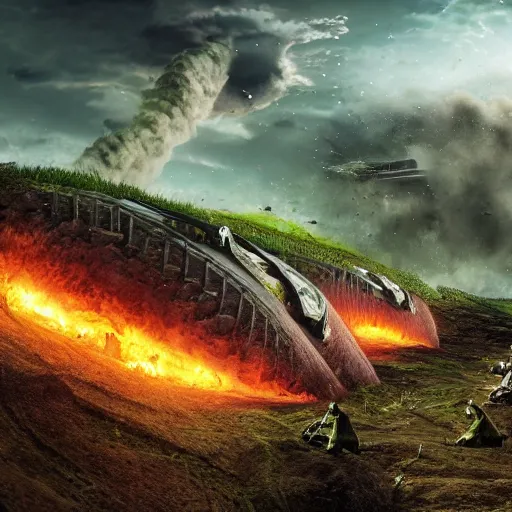 Prompt: natural looking fight landscape of ww 1 deep trenches with fortifications, crabs fighting with elephants, green gas spreading across land, futuristic tank is on fire, ground explosion in the background, alien mothership in the sky, hyper realistic, highly detailed, dramatic lighting, raytarced, god rays, 4 k, 8 k, matte painting