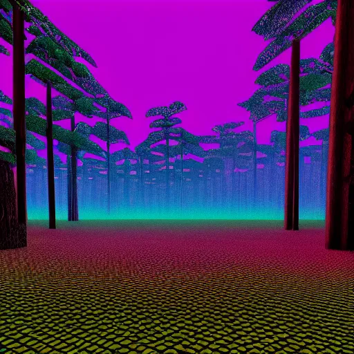 Image similar to 80s vaporwave outrun 3d Render of a forest, liminal space retro, grainy, noisy