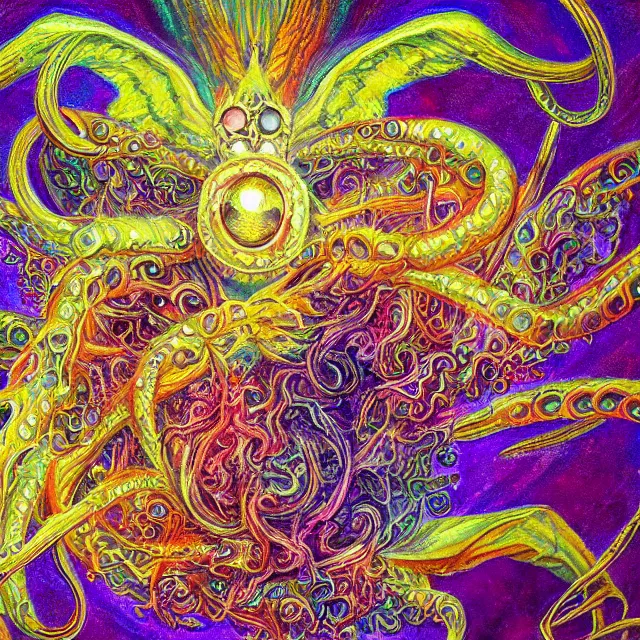 Image similar to angelic ophanim Lovecraftian horror covered in eyes tentacles and wings, oil painting award winning, chromatic aberration sharp colors, fractal geometry insane angel