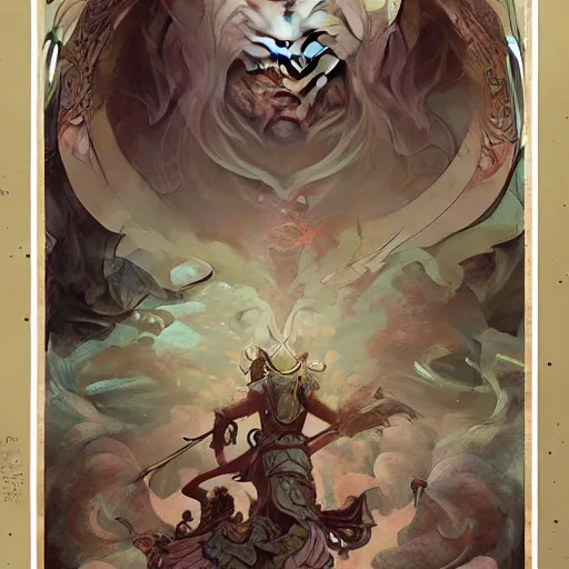 Image similar to Epic viking battle, divine, digital painting, Peter Mohrbacher, Alphonse Mucha, Brian Froud, Yoshitaka Amano, Kim Keever, Victo Ngai, James Jean