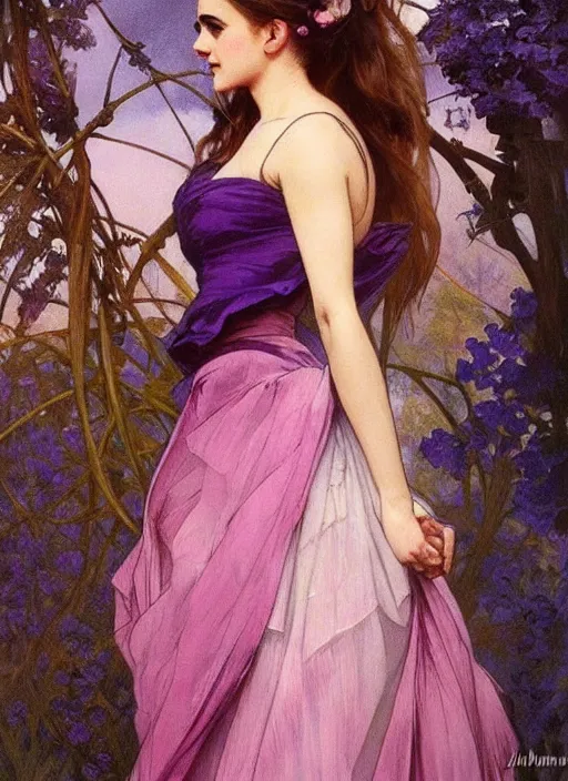 Image similar to emma watson wearing revealing elegant pink and purple dress with flounces. beautiful detailed face. by artgerm and greg rutkowski and alphonse mucha