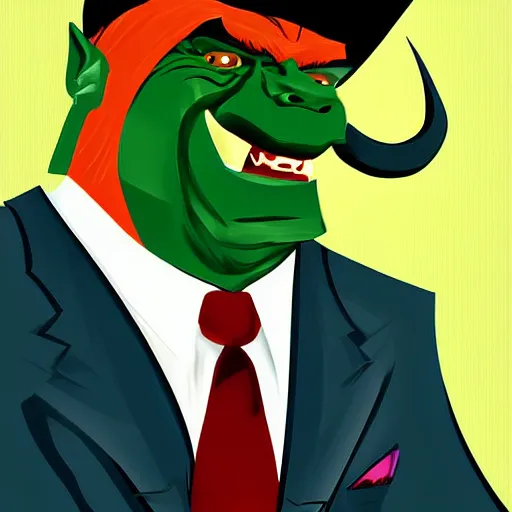 Prompt: a businessman orc dressed in an expensive suit, digital art