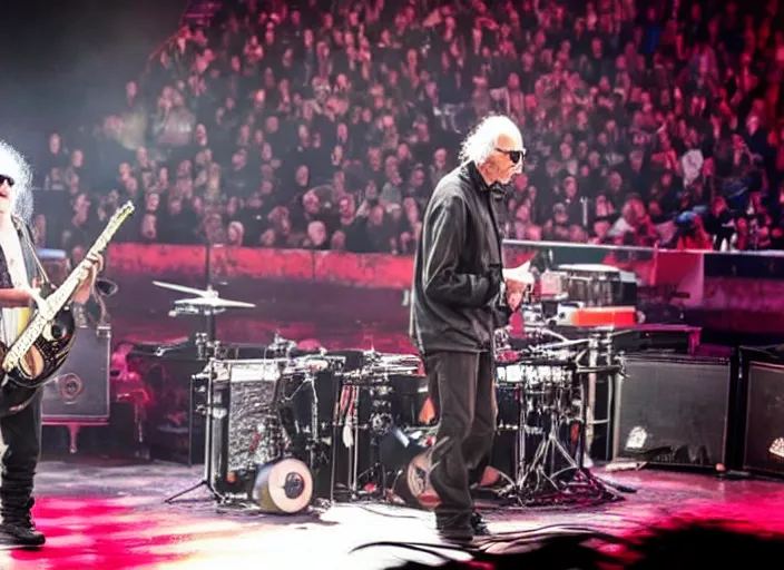 Image similar to publicity photo still of larry david touring with slipknot live on stage, 8 k, live concert lighting, mid shot