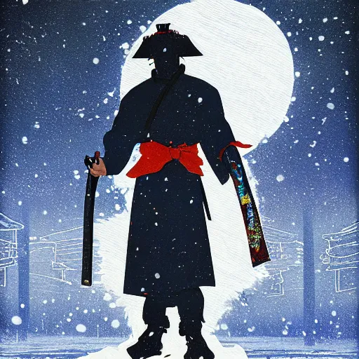 Image similar to a painting of a samurai silhouette in the snow, poster art by otomo katsuhiro, cgsociety, nuclear art, reimagined by industrial light and magic, official art, poster art