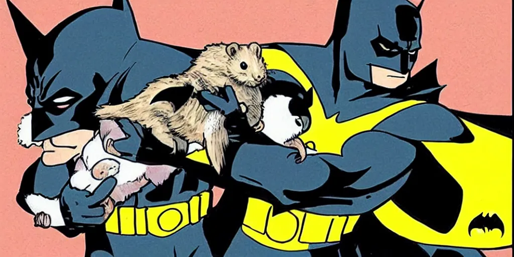 Image similar to Batman posing with a hamster, comic book style