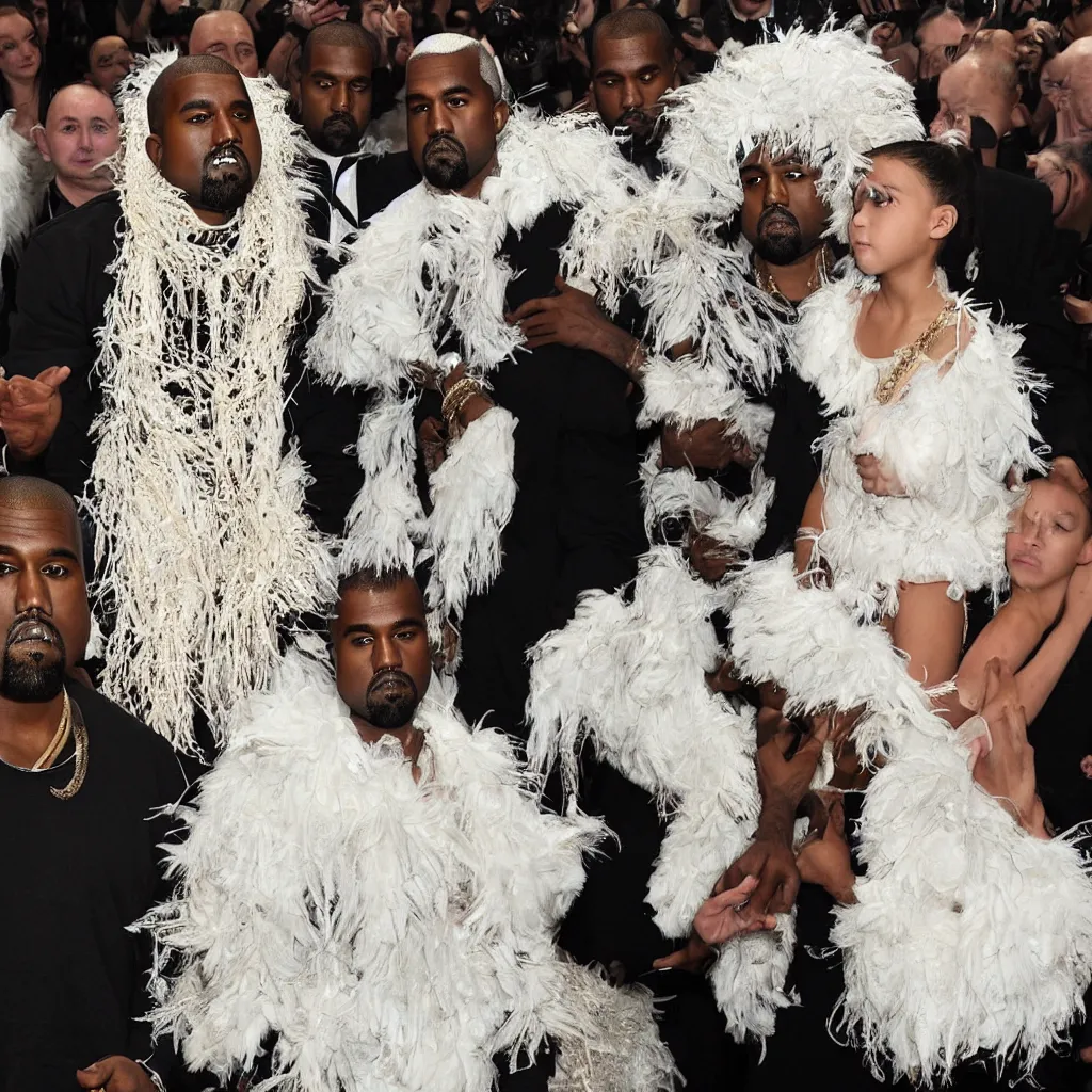 Prompt: kanye west and lil naz x making various facial expressions _ with _ a _ decorated _ dress _ made _ of _ white _ pearls _ and _ white _ plumes _ of _ swan _ highly _ detailed _ digital _ painting