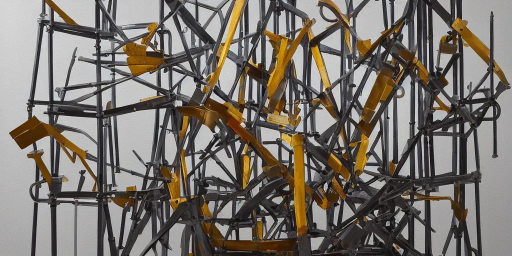 Prompt: painting of a small convoluted scaffolding sculpture made with steel and metal, wood planks, rock details joints, cinder blocks, bright construction materials, ratchet straps, photorealistic, studio lighting, product photography, high octane, higly detailed, made with unreal engine, painting by yves tanguy, by nate boyce, sculpted by david smith, by kay sage