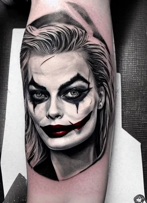 Prompt: tattoo design of margot robbie with joker makeup, ace card, in the style of matteo pasqualin, realistic face, black and white, realism tattoo, hyper realistic, highly detailed