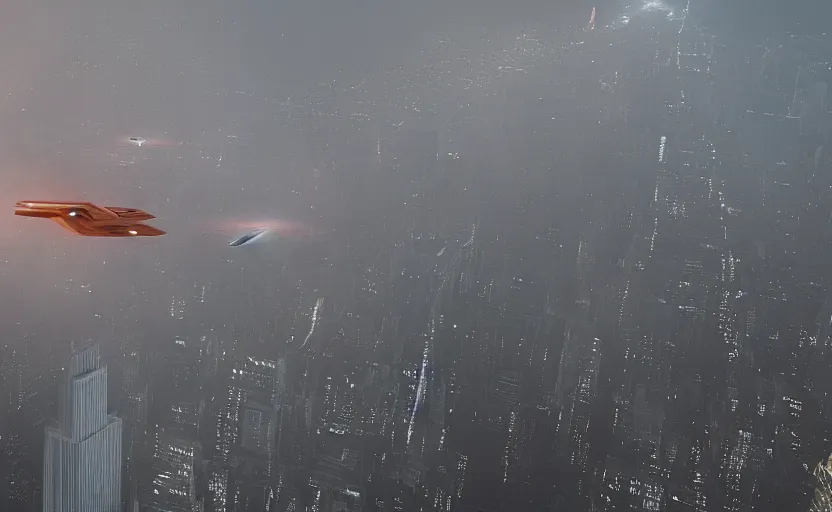 Prompt: a intricate detailed spaceship designed by peter schreyer flying over NYC in style of blade runner 2049